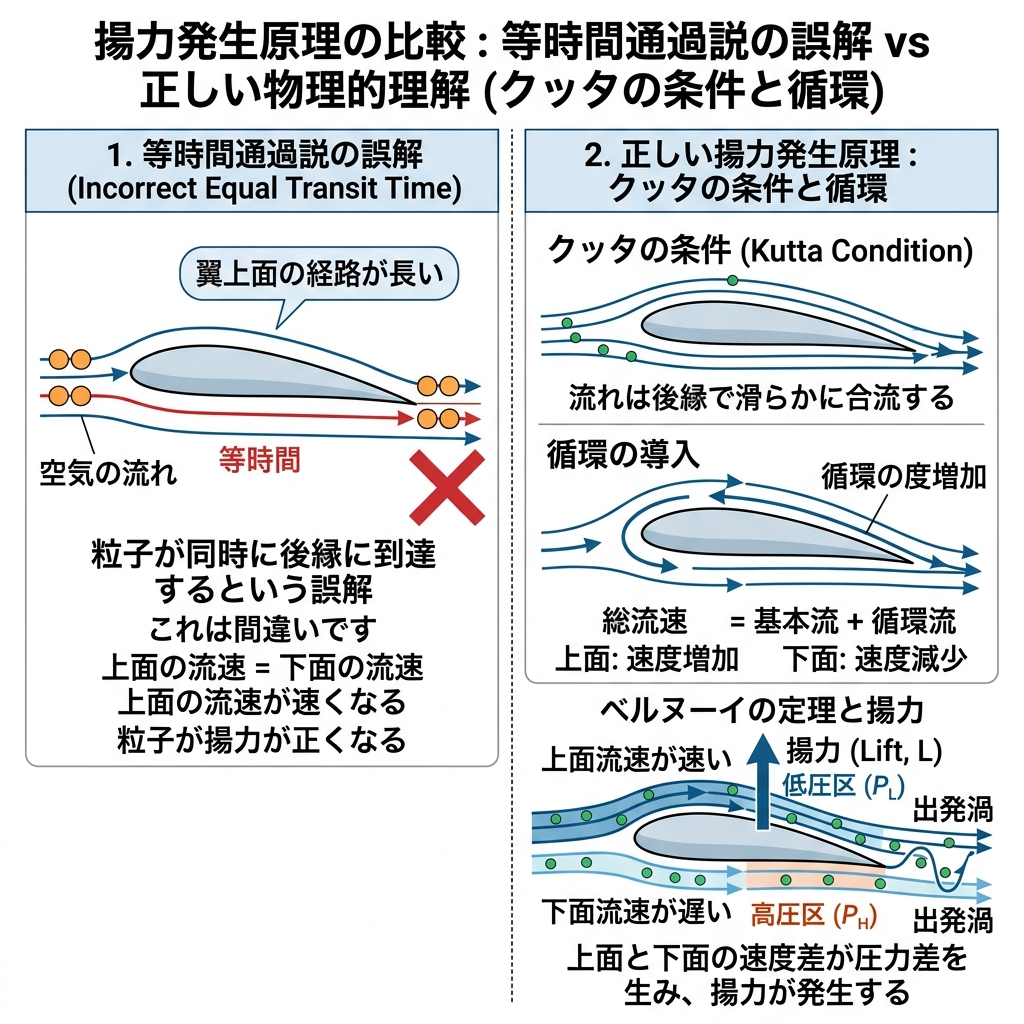 等時間通過説の誤りと、実際の空気の流れ（上面が圧倒的に早く到達する）を示す比較図