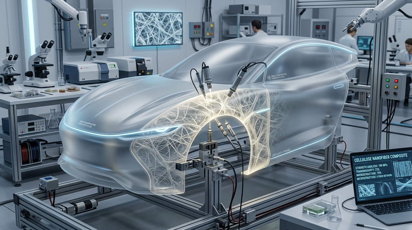CNFの自動車樹脂パネルへの応用イメージ（半透明な複合素材の微細構造）
