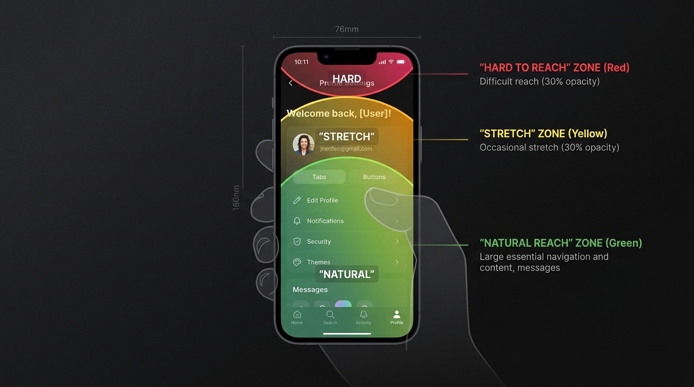 片手操作におけるスマートフォンの親指の可動範囲（サムゾーン）の概念図