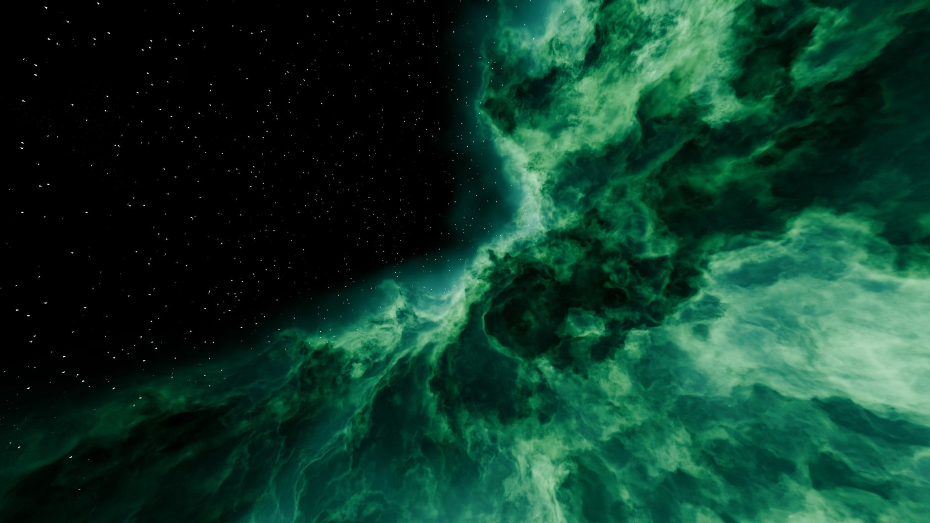 無限に広がる壮大な宇宙の星々と、遠方の緑色に光る星雲を捉えた深宇宙探査のイメージビジュアル
