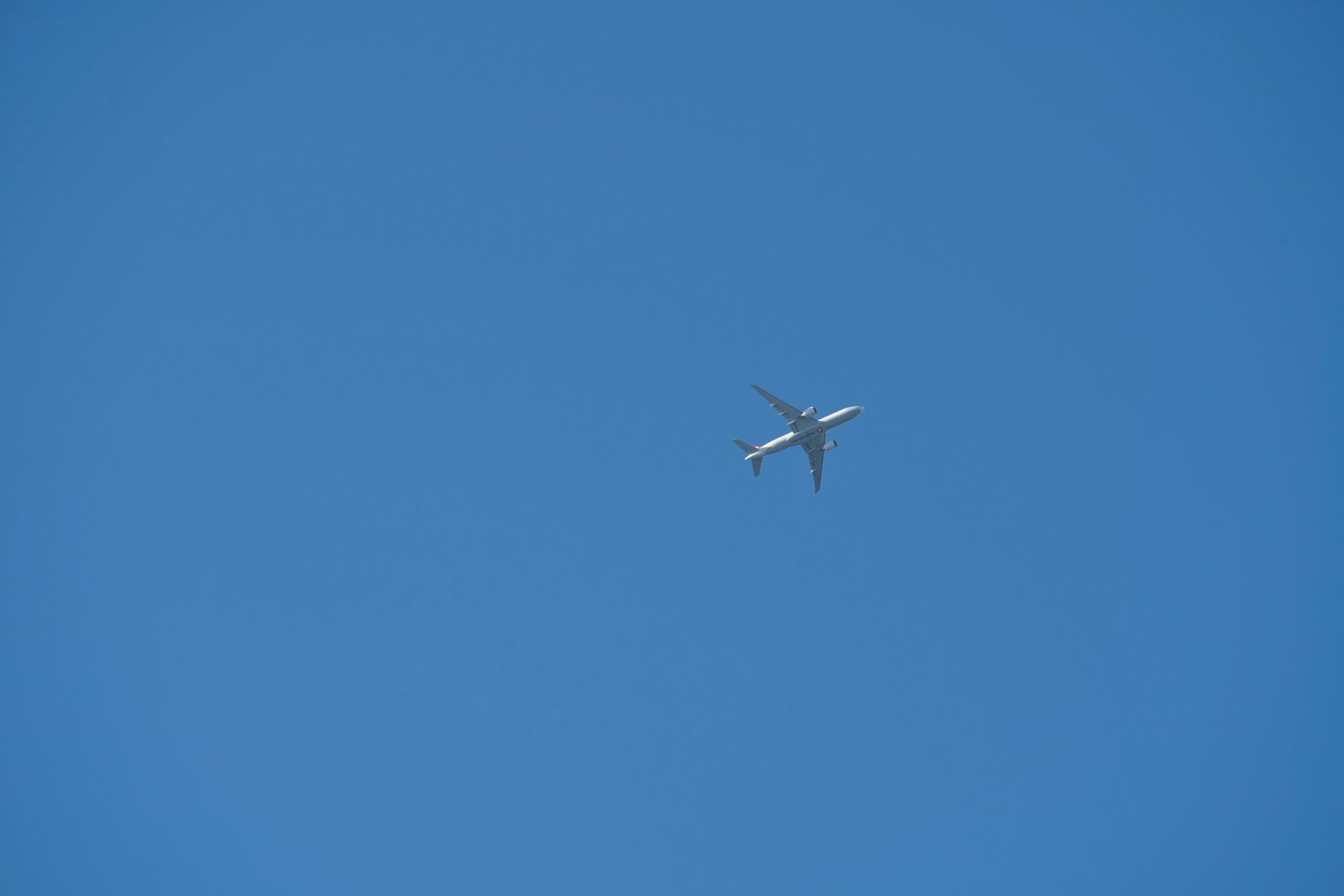 青空を高く上昇していく旅客機を下から見上げたアングル