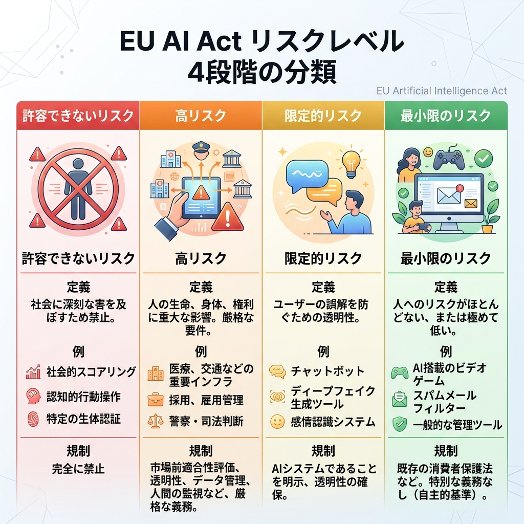 欧州AI法における4段階のリスク区分のピクトグラム
