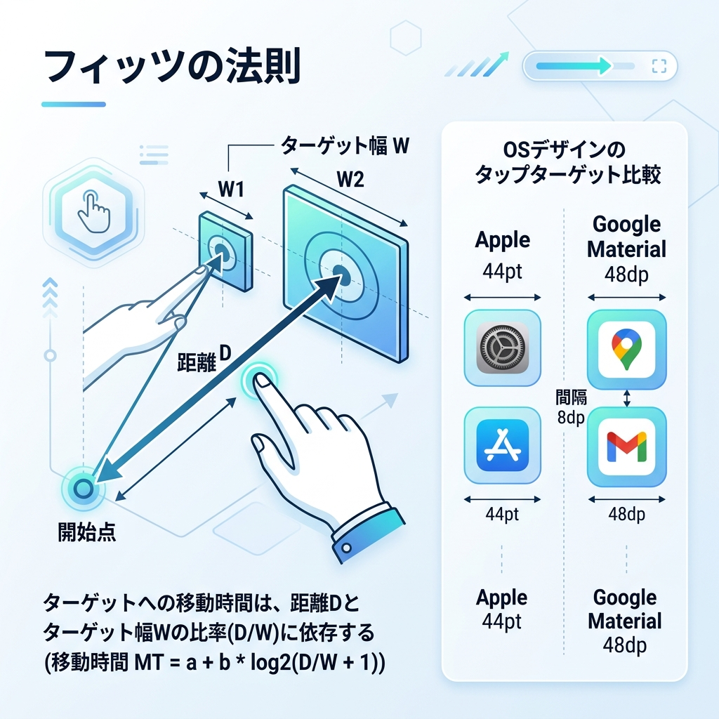 フィッツの法則：ターゲットへの到達時間が「距離」と「大きさ」で決まることを示す概念図
