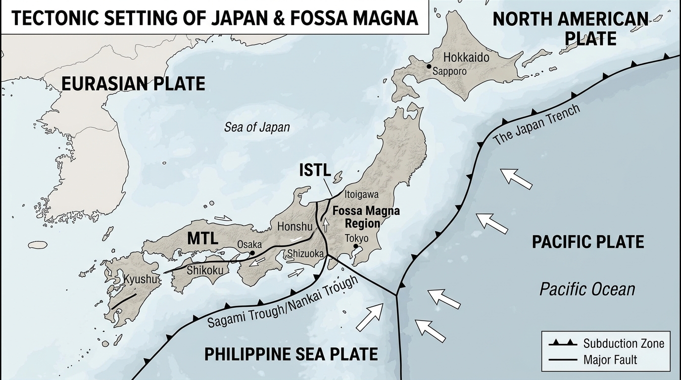 日本海の拡大と日本列島の折れ曲がり、フォッサマグナの地溝帯を示す概念図