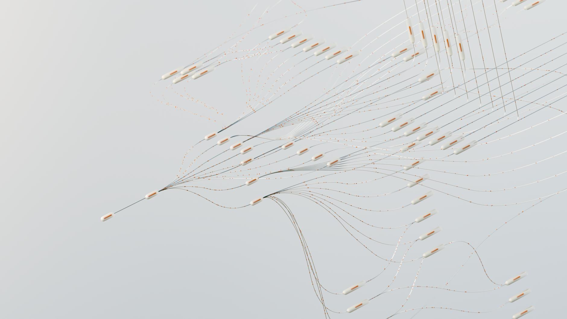 Abstract illustration depicting complex digital neural networks and data flow.
