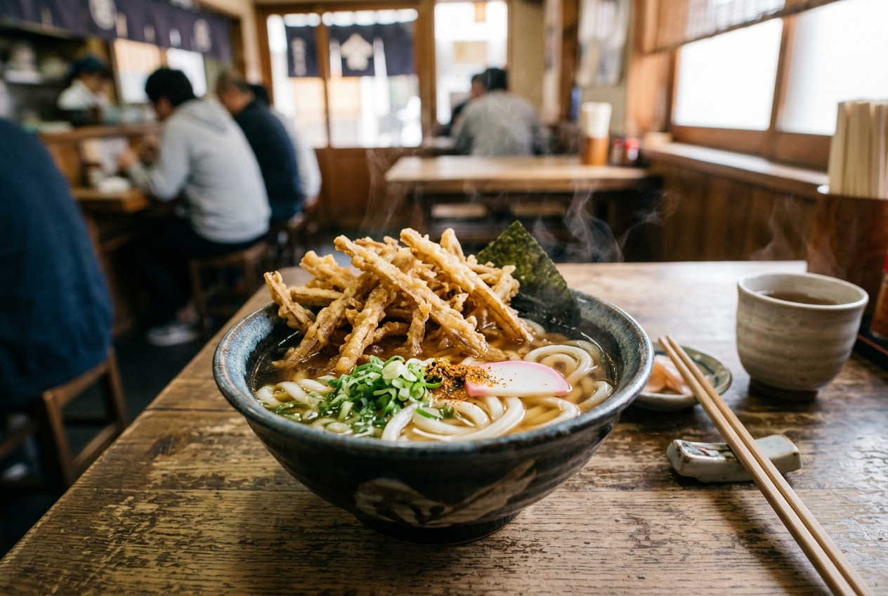ごぼう天がトッピングされた博多うどん