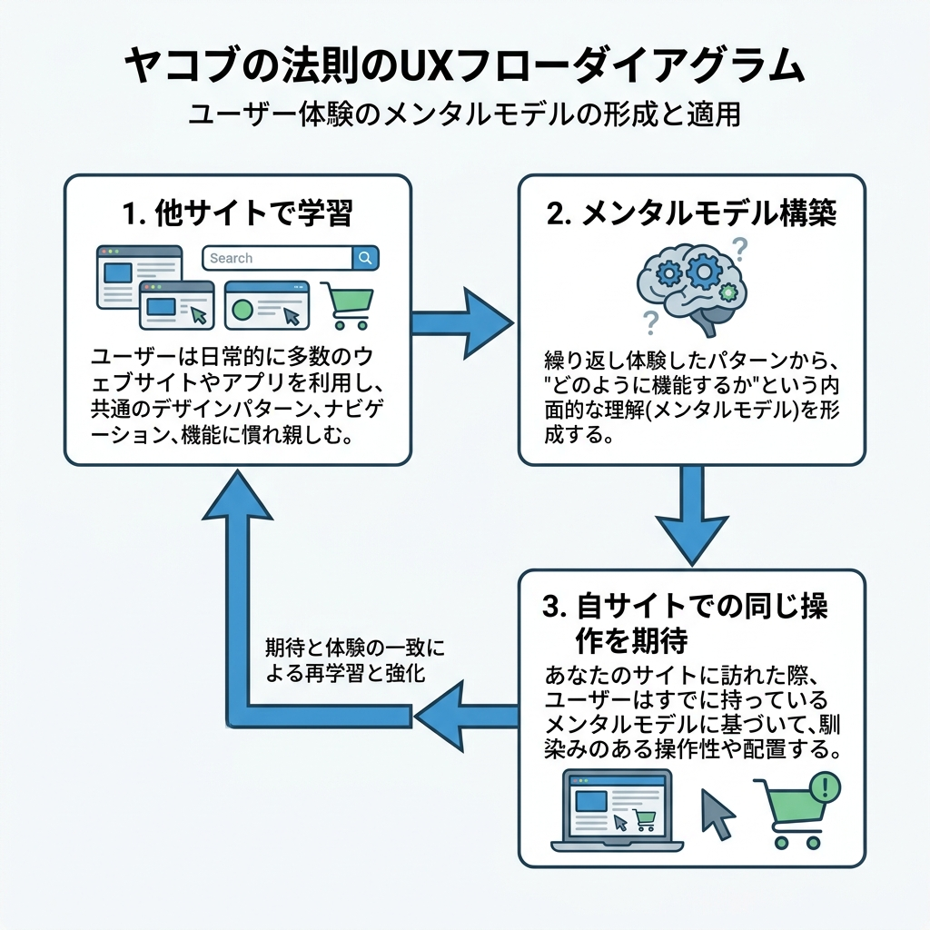 ユーザーが使い慣れた操作感を自社サイトに重ね合わせる概念図