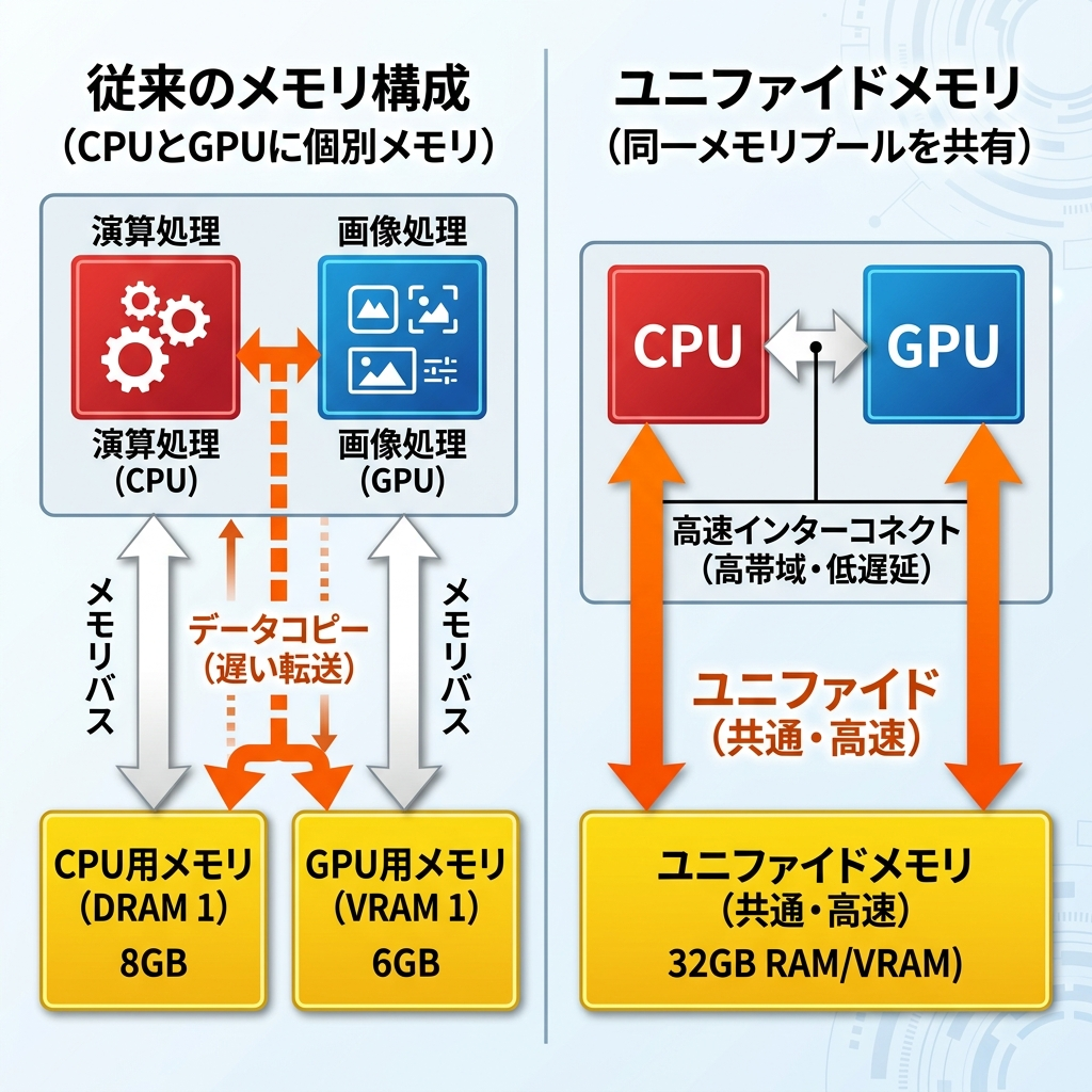 PC個別メモリ vs Unified Memoryの構造の違いを示す比較図