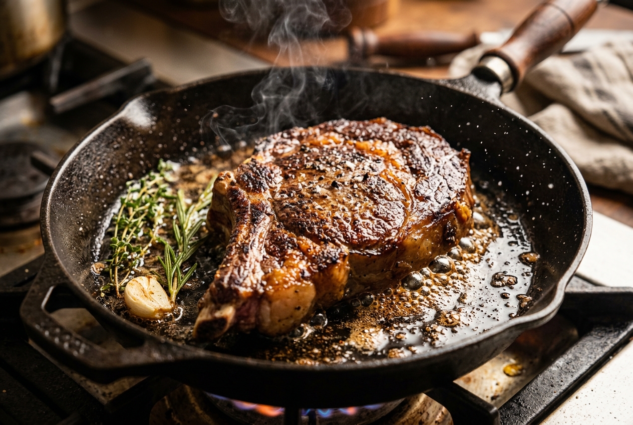 鉄のフライパンでじゅうじゅうと激しく焼かれる極厚ステーキ肉