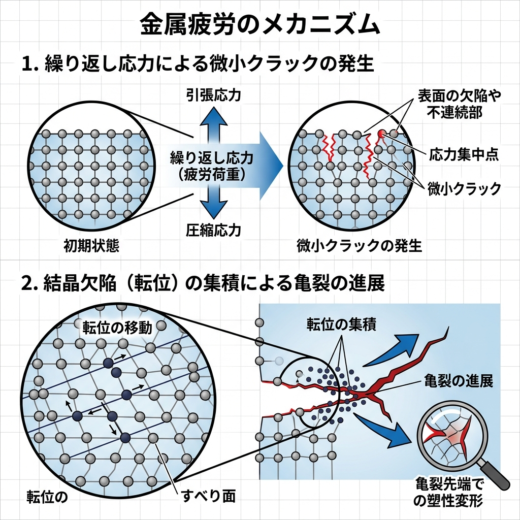 金属構造の中を移動する転位（結晶欠陥）と、亀裂が進行する破断面の概念図