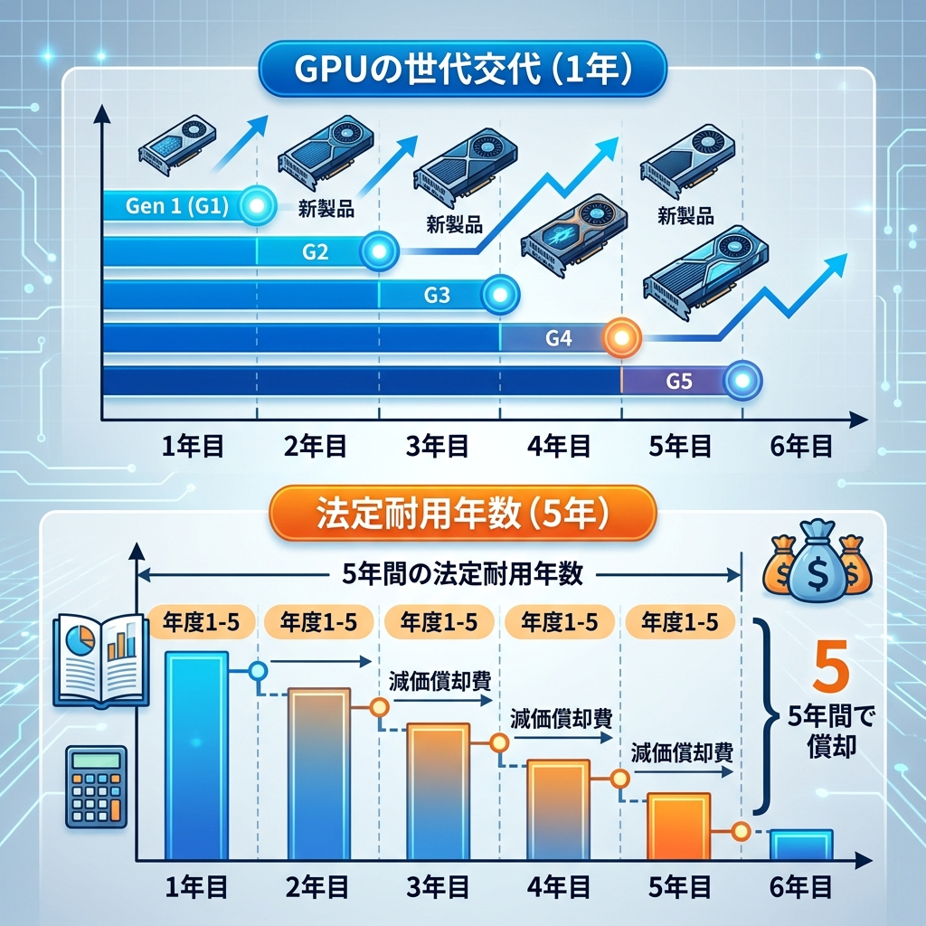 NVIDIAの製品サイクルと一般的なサーバーの減価償却期間のギャップを示す図