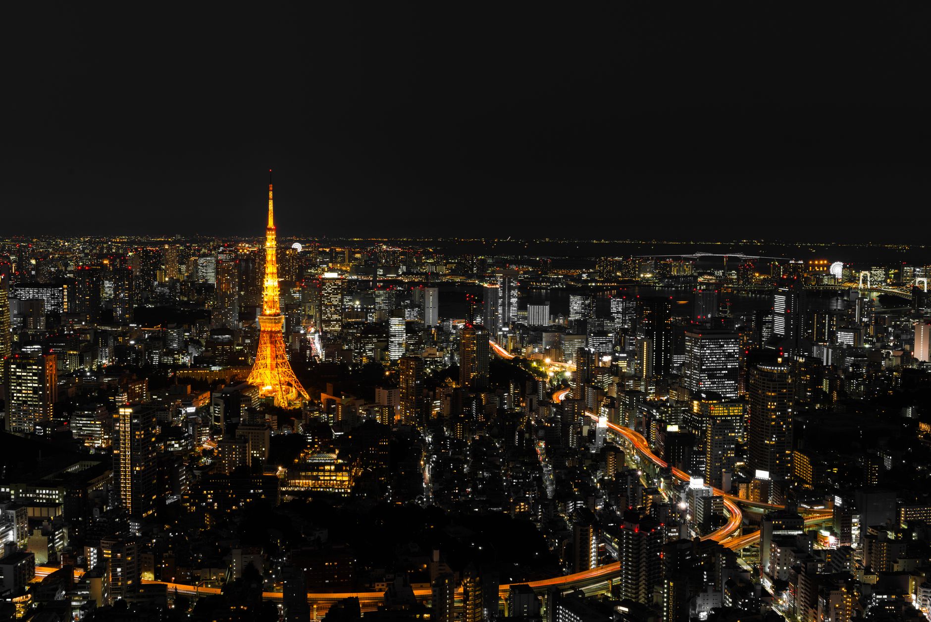 ライトアップされた東京タワーと夜の高層ビル群の景色