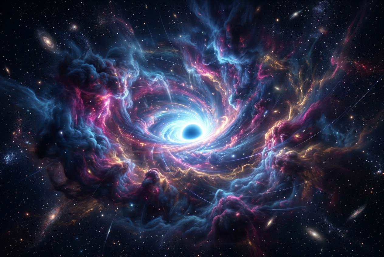 宇宙初期の超巨大ブラックホールを囲むガス雲のイメージ