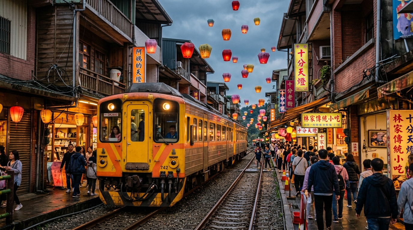 線路のすぐ脇に古い建物が建ち並びランタンが空へと舞い上がる十分の街並みとレトロな列車