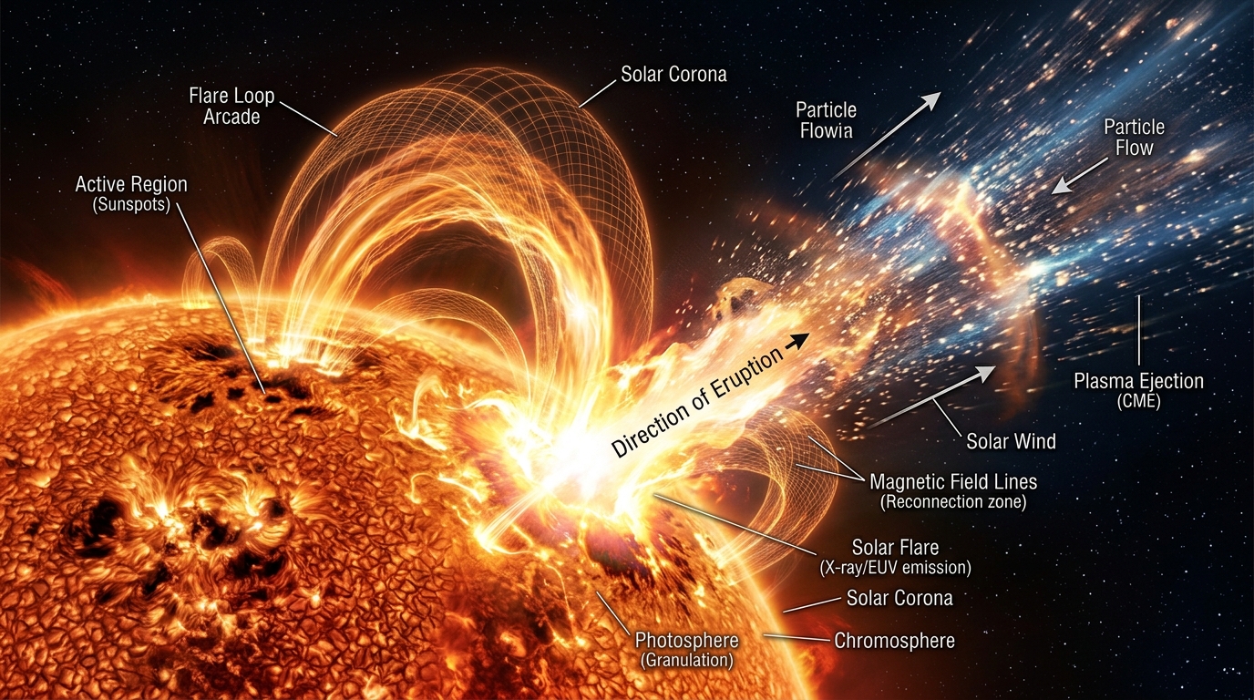 活動的な太陽から放出される強烈なフレアのイメージ