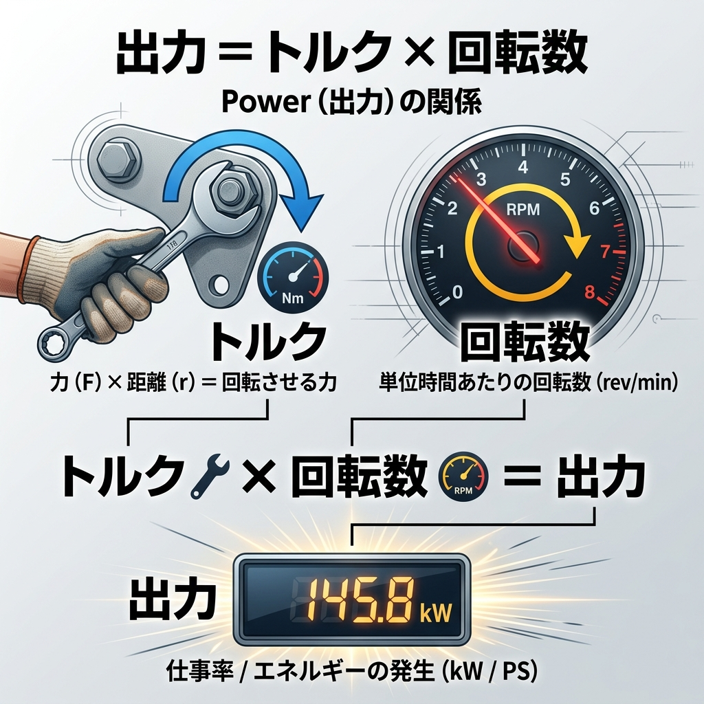トルク(回す力)と出力(仕事の速さ)の関係を示した概念図