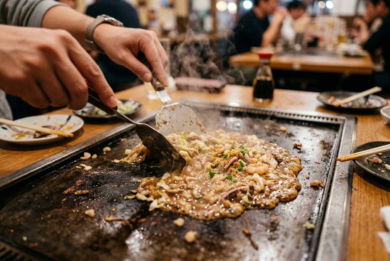 月島もんじゃを鉄板で焼いている様子