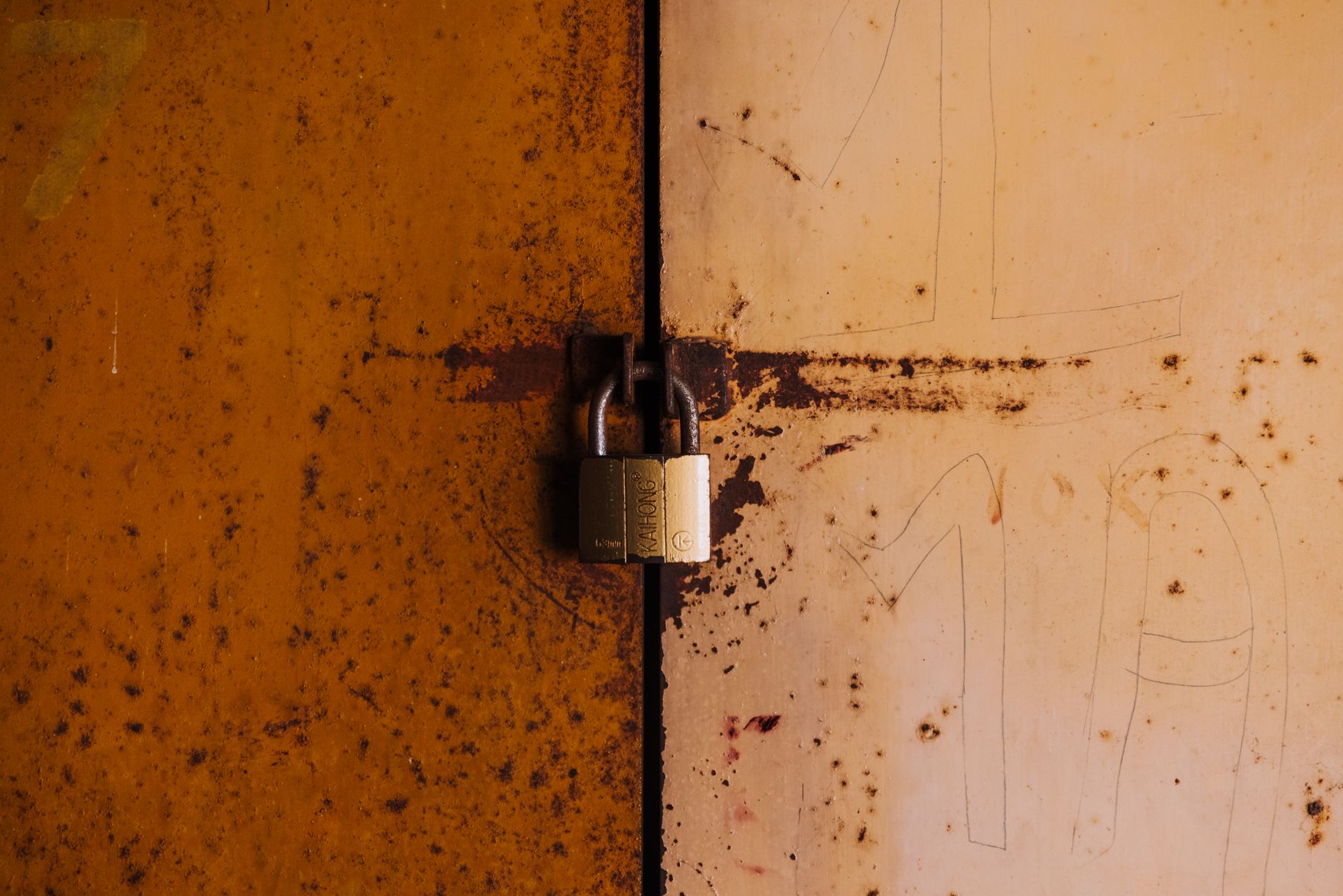 A close-up view of a rusty padlock securing a weathered metal door, highlighting decay and security.