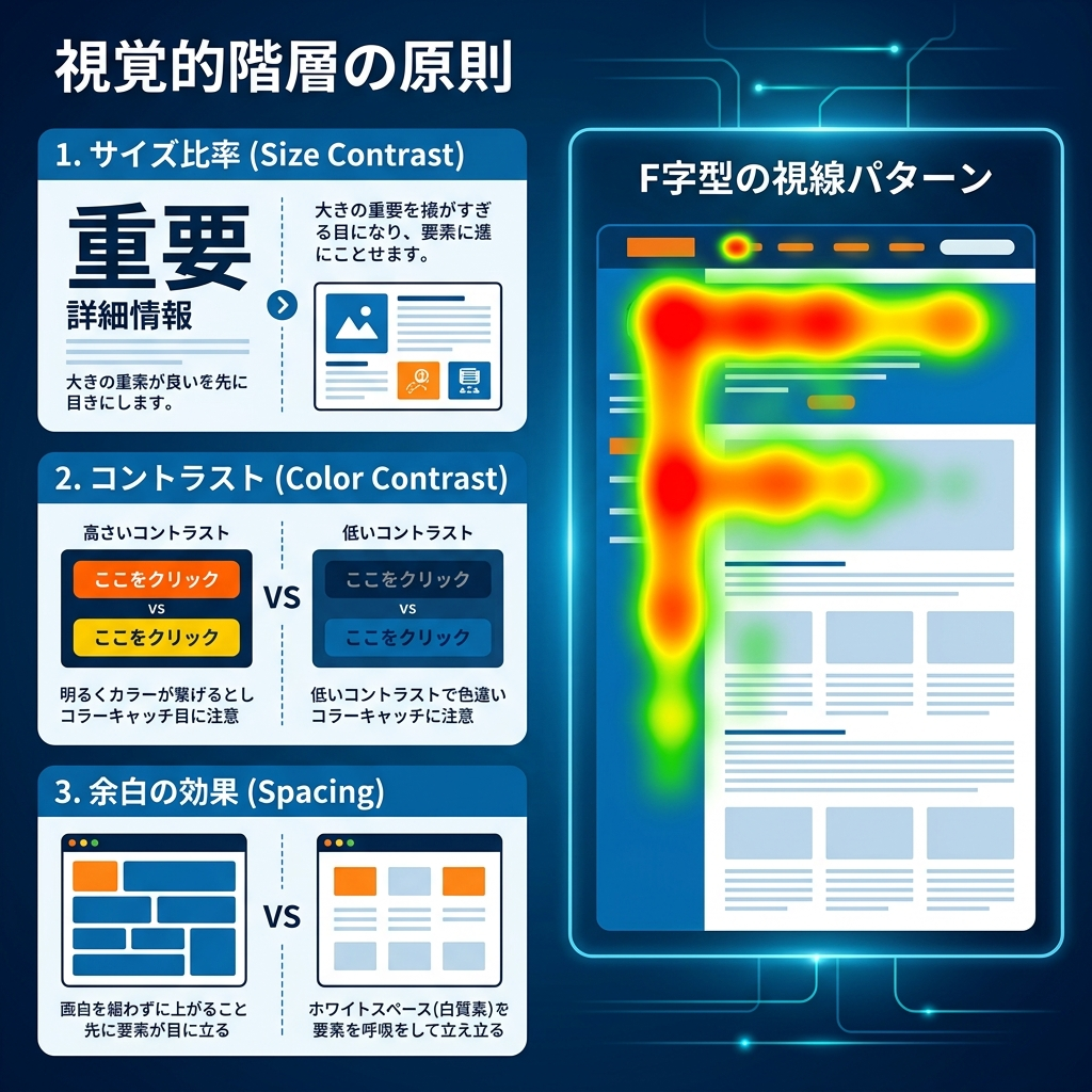 サイズ・コントラスト・余白で見る順番をつくる視覚的階層の比較図