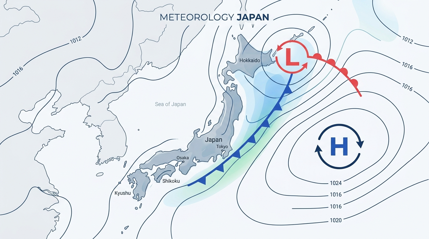 日本付近の等圧線と高気圧H・低気圧Lおよび前線が描かれたスタイリッシュな天気図イメージ