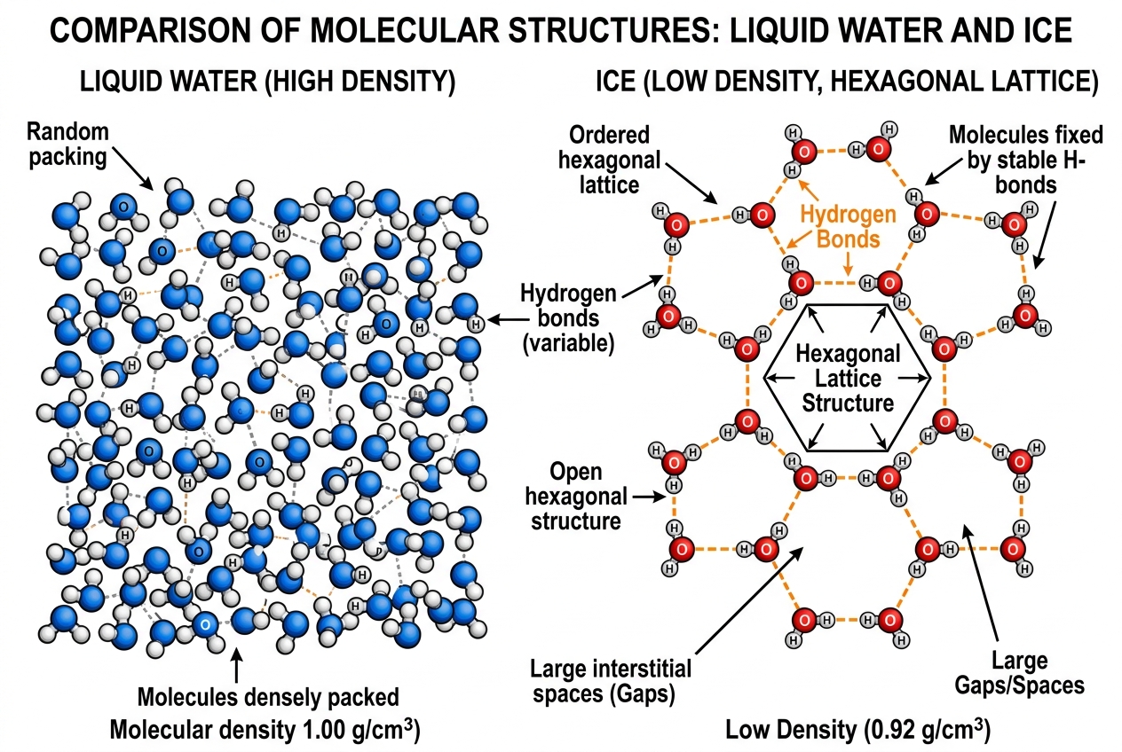 氷の中で水分子が水素結合ですき間の多い六角構造をつくる様子の図