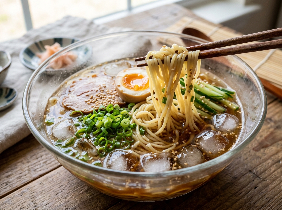 氷が浮かぶガラスの丼に美しく盛り付けられた山形冷しらーめん